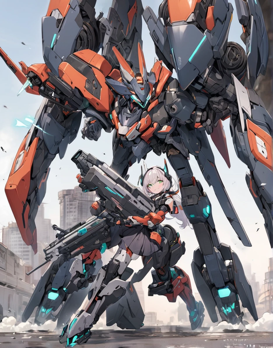 girl with partial light mecha top suit ((small neko ears)) and ((fox tail)), mechanical extensions, stokings, ((one leg has a_ black stocking)), the other leg is skin, holding a giant Sniper Rifle Pointed to the ground, Beautiful face with perfect sky-blue and green eyes, white hair, damaged oversized shirt over the suit which shows shoulders and skin. Futuristic wings with neon and rifles Cool dynamic pose, school skirt, mecha musume, mechanical parts, mecha, headgear, robot joints, full armor, becoming a mecha, lora:mecha_offset:0, lora:mechatest:0
Super detailed face, anime of the year, sexy girl face with seductive smile
