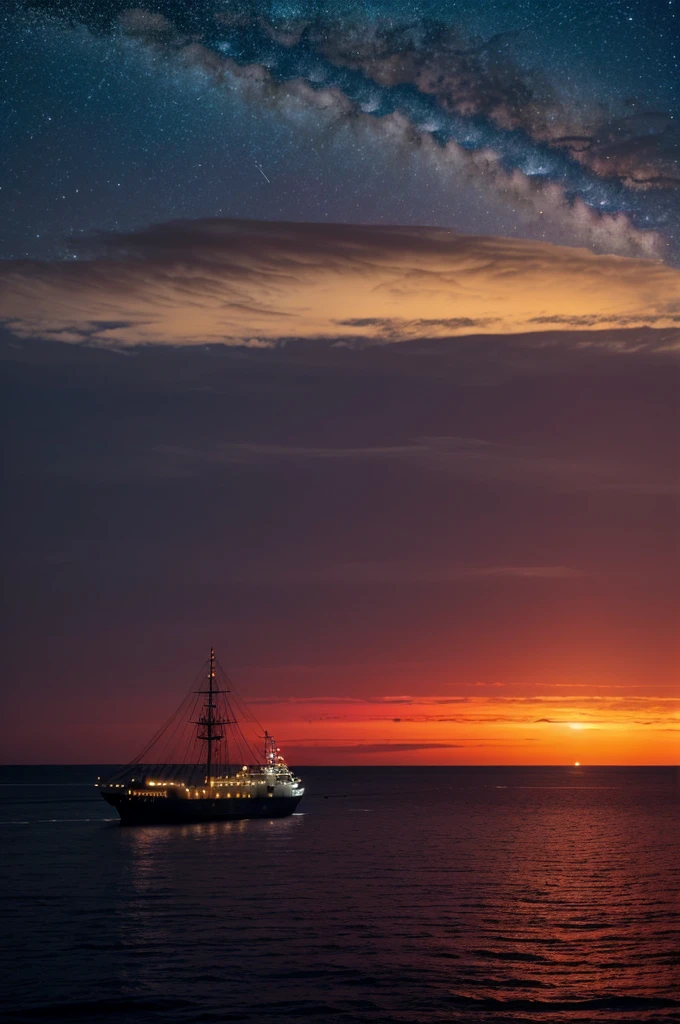 Sure, here's a description in English for your image:

---

It's evening time by the sea. The horizon is adorned with crimson clouds, softly illuminated by the setting sun. Above, against the twilight sky, Saturn shines brightly, its distinct rings and features clearly visible. Beyond Saturn, faint details of the Milky Way galaxy emerge, blending with the deepening hues of the night. On the distant horizon, a ship sails towards Saturn, its silhouette gracefully cutting through the calm waters.