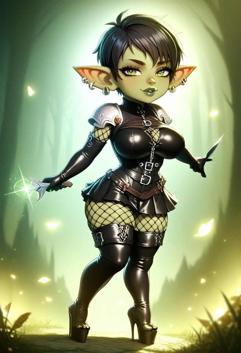 Girl, goblin girl, goblin, green skin, short, short stature,short hair, black hair, large breasts, miniskirt, latex, long gloves, thigh boots, goth, pouty lips, masterpiece, best quality, sexy, dynamic pose, 8k, shortstack, sfw, shiny, fantasy, dungeons and dragons, high heels,  fishnets, holding, dark green skin, adventurer, barbarian, armor, sexy armor, skintight armor, dark colors, latex miniskirt, sexy pose, skirt