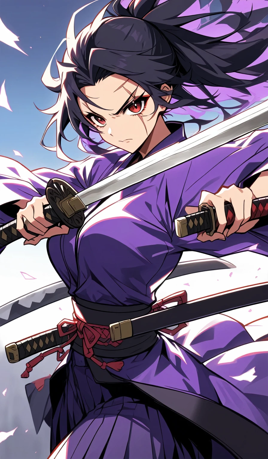 1 woman, Beautiful samurai woman in purple yukata and katana in her hands, With a scar on his forehead, and black hair, red eyes. She’s in battle position, anime girl with sword and wings in a purple outfit, from arknights, badass anime 8 k, she is holding a katana sword, female anime character, katana, female action anime girl, katana zero, katana zero video game character, female samurai, anime style 4 k, unsheathing her katana, inspired by Okumura Masanobu