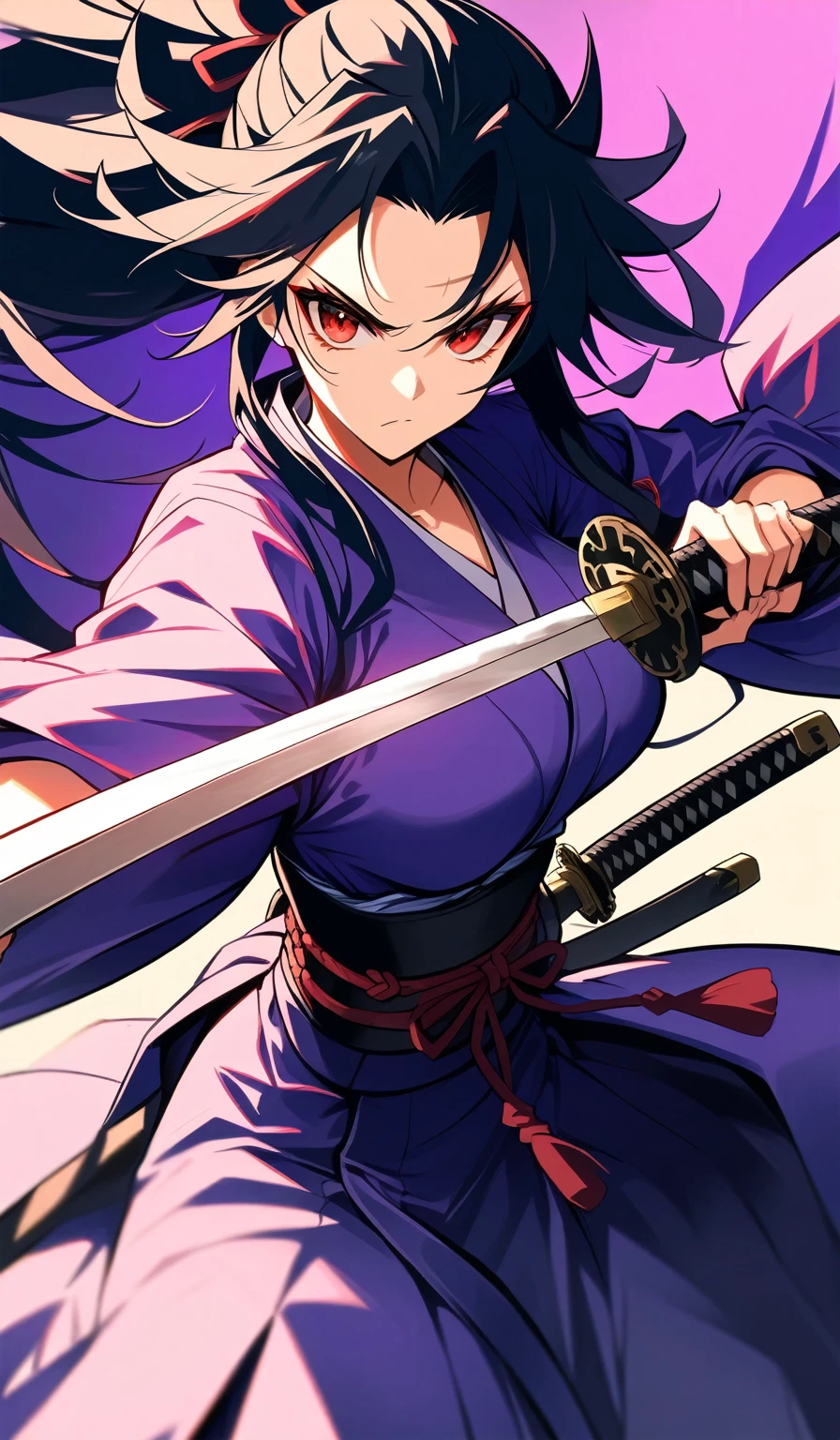 1 woman, Beautiful samurai woman in purple yukata and katana in her hands, With a scar on his forehead, and black hair, red eyes. She’s in battle position, anime girl with sword and wings in a purple outfit, from arknights, badass anime 8 k, she is holding a katana sword, female anime character, katana, female action anime girl, katana zero, katana zero video game character, female samurai, anime style 4 k, unsheathing her katana, inspired by Okumura Masanobu