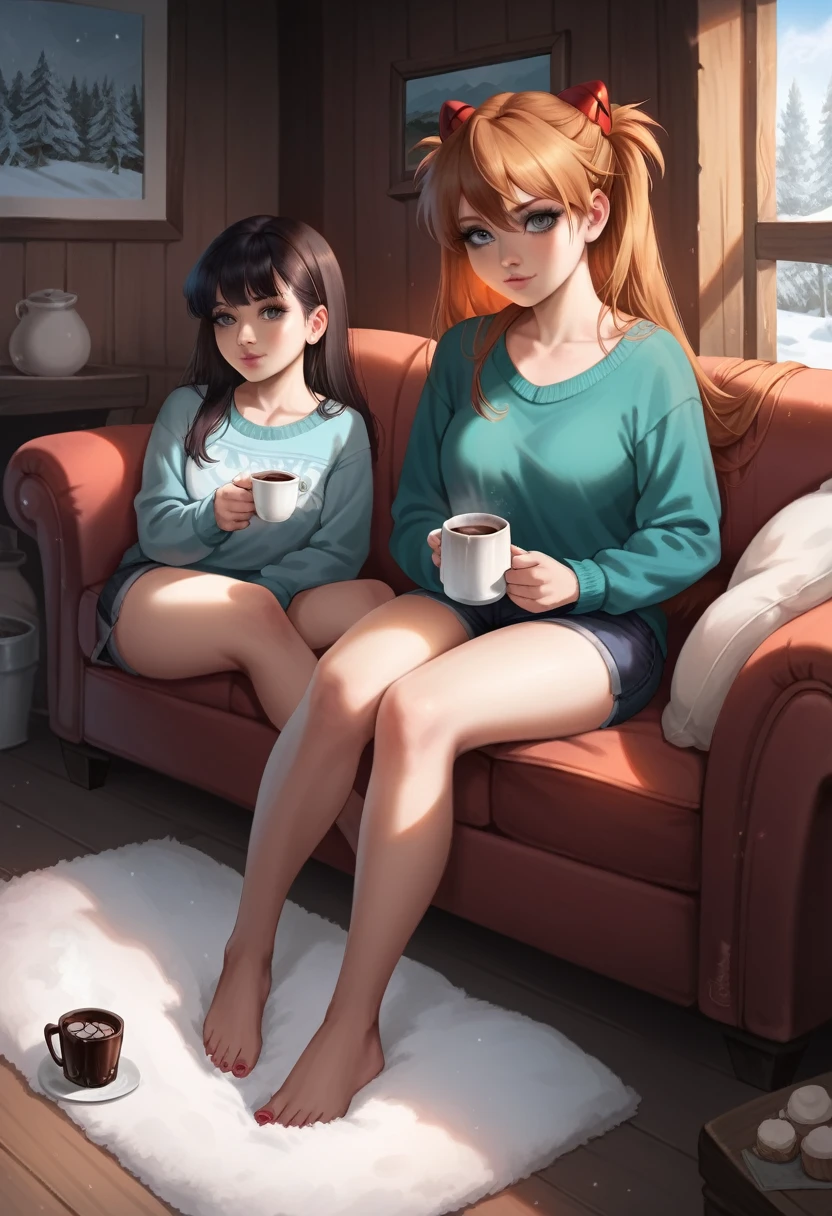 best quality, 4k, high resolution , anime girl , young girl, 24 years old, bangs, long hair, relaxed face, perfect shot, perfect anatomy, detailed face, detailed eyes, snowy background , cabin , tall girl , 2 girls, realistic, 4k , masterpiece , ilustration, digital art, full body, sohryu_asuka_langley, sitting, pov , sitting, cup of chocolate, chimney, fur rug, sofa