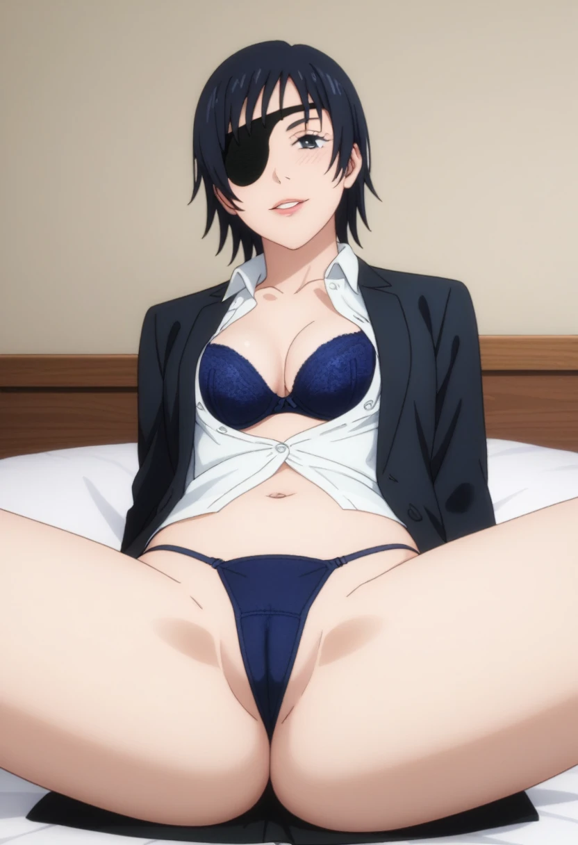 score_9_up, score_8_up, score_7_up, 1girl, solo, mature female, Himeo, black short hair, black eyes, right eye closed with eyepatch, pink lips, parted lips, fit slim body, perfect medium erected breast, (((black blazer, white unbuttoned shirt, dark blue bra, dark blue tight thong, cameltoe))), (((higly detailed modern luxury bedroom))), looking at the viewer, rose cheeks, naughty smile, sitting on the bed with spread legs, from the bottom