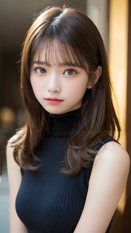 (masterpiece:1.5)、(Realistic:1.5)、(Highest quality:1.4、8K、RAW Photos)、
Ultra-high resolution、Professional Lighting、Perfect dynamic composition、indoor、
Film Grain、chromatic aberration、(bokeh:1.1)、
Frank、Sophisticated、Charm、surreal、High detail、Golden Ratio、
(1 Girl)、slender girl、Delicate and charming girl、Cute Woman:1.4、
Serious expression、Looking at the audience、
Light brown hair、Shiny Hair、Random Cute Hairstyles、
Realistic looking skin、Right eye is 3mm larger,round cheeks,Nose is 2mm larger,Make your face a little smaller and close your mouth、Fine grain、double eyelid、Thin arms、
(Wearing a black turtleneck knit),whiteTshirt,Small breasts,No exposure,Round face,Makes pupils 3mm smaller,Small ears