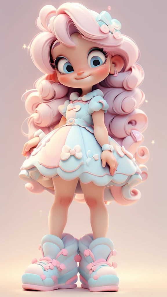 3d illustration, pixar style, cute chibi, baby girl ariana grande blonde hair, blue eyes, pink bow in hair, dress aqua ciano with white dots, bright eyes, candy colors, pastel colors, smiling, glitter, light pink shoes, exuberant
