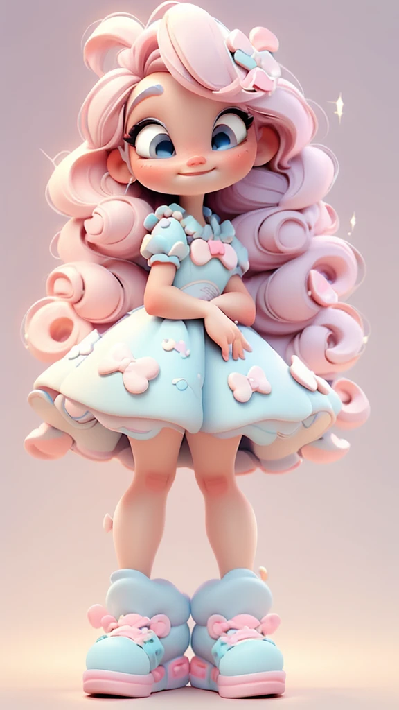 3d illustration, pixar style, cute chibi, baby girl ariana grande blonde hair, blue eyes, pink bow in hair, dress aqua ciano with white dots, bright eyes, candy colors, pastel colors, smiling, glitter, light pink shoes, exuberant