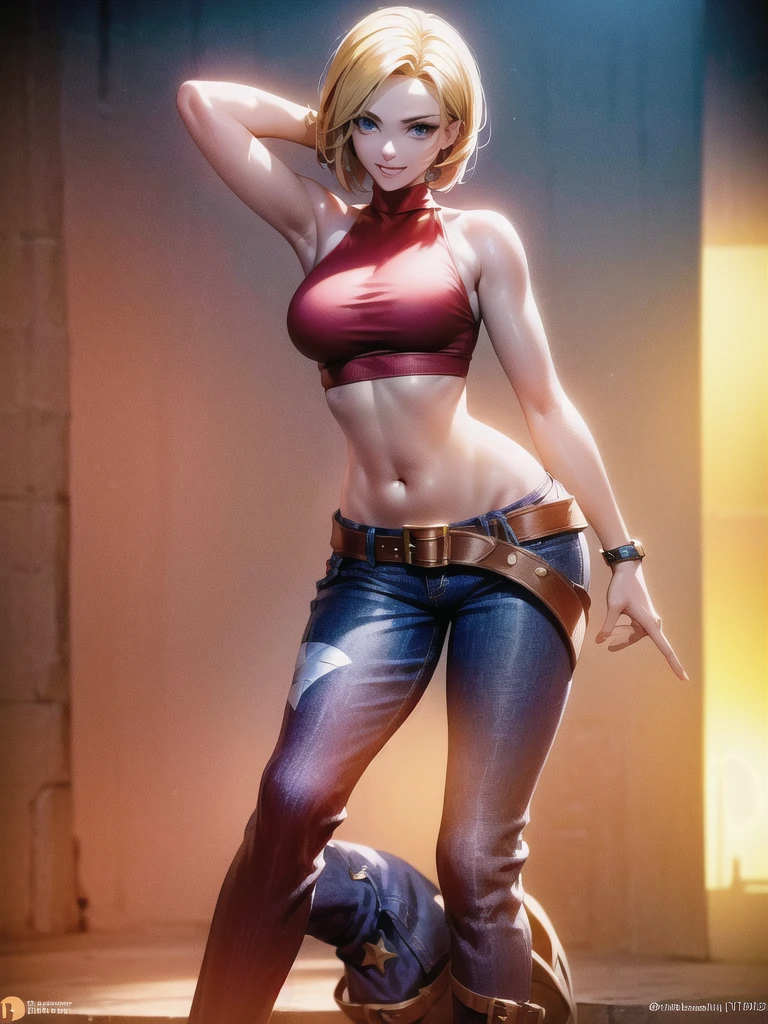 30-year-old woman, alone, athletic, jacket, semi-short blonde hair, wears a tight red crop top, wears blue dogger pants with a large star painted inside a circle on her left leg, has a huge colored belt brown hanging almost falling off his waist, wears blue fingerless gloves, wears brown boots, smiling at viewer, pointing at viewer, high resolution, absurd, intricate, sharp focus, sunset on the beach, 40 megapixels, 500 dpi, best quality, masterpiece, high resolution, perfect image, highly detailed, high contrast, digital colors, simple, medium shot, cinematic, ultra sharp focus, award-winning photography, perfect contrast, high sharpness, depth of field, ultra detailed photography, global illumination, fluid, ultra high definition, 8k, Unreal Engine 5, ultra sharp focus, award winning photography, art season trends,