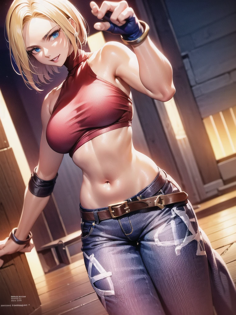 30-year-old woman, alone, athletic, jacket, semi-short blonde hair, wears a tight red crop top, wears blue dogger pants with a large star painted inside a circle on her left leg, has a huge colored belt brown hanging almost falling off his waist, wears blue fingerless gloves, wears brown boots, smiling at viewer, pointing at viewer, high resolution, absurd, intricate, sharp focus, sunset on the beach, 40 megapixels, 500 dpi, best quality, masterpiece, high resolution, perfect image, highly detailed, high contrast, digital colors, simple, medium shot, cinematic, ultra sharp focus, award-winning photography, perfect contrast, high sharpness, depth of field, ultra detailed photography, global illumination, fluid, ultra high definition, 8k, Unreal Engine 5, ultra sharp focus, award winning photography, art season trends,
