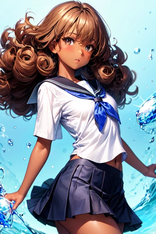 30 year old brunette girl with dark skin , light brown eyes and curly hair, with school clothes, with blue background with hydrokinesis powers