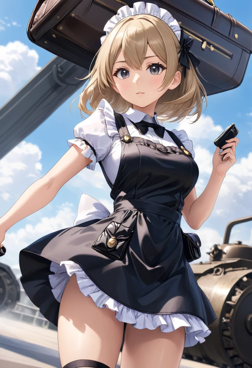 anime image of a woman holding a purse and a purse, detailed key anime art, in dress, close - up shot, close-up shot, detailed digital anime art, thighs close up, close up shot, clean detailed anime art, a hyperrealistic , anime maids riding early tanks, bottom angle, , hyperrealistic 