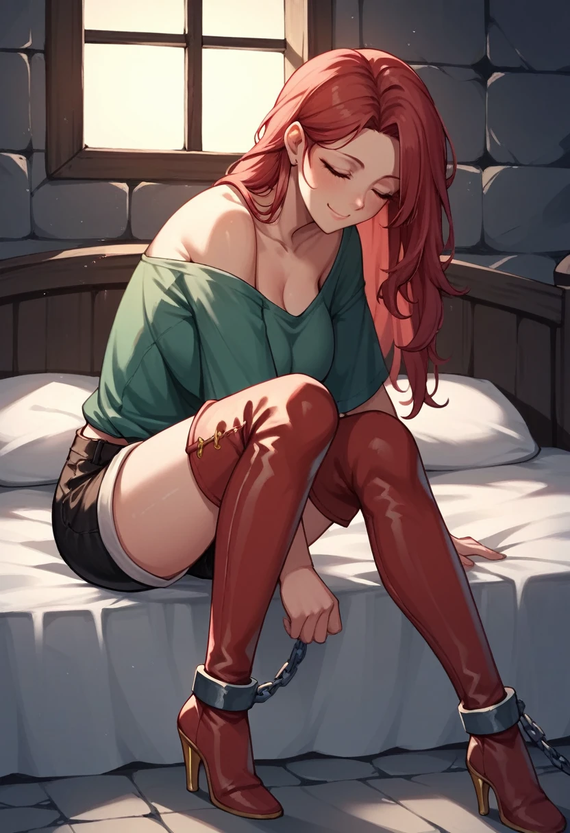 score_9, score_8_up, score_7_up, score_6_up, score_5_up, score_4_up, source_anime, 1woman, she on bed, sexy smile, red hair, loose hair, close eyes, w-w-chain, long hair, green shirt, shorts, thigh boots, red boots,gold heels, night, shackles hanging on the wall dungeon, best quality, best res, 4K UHD,
 