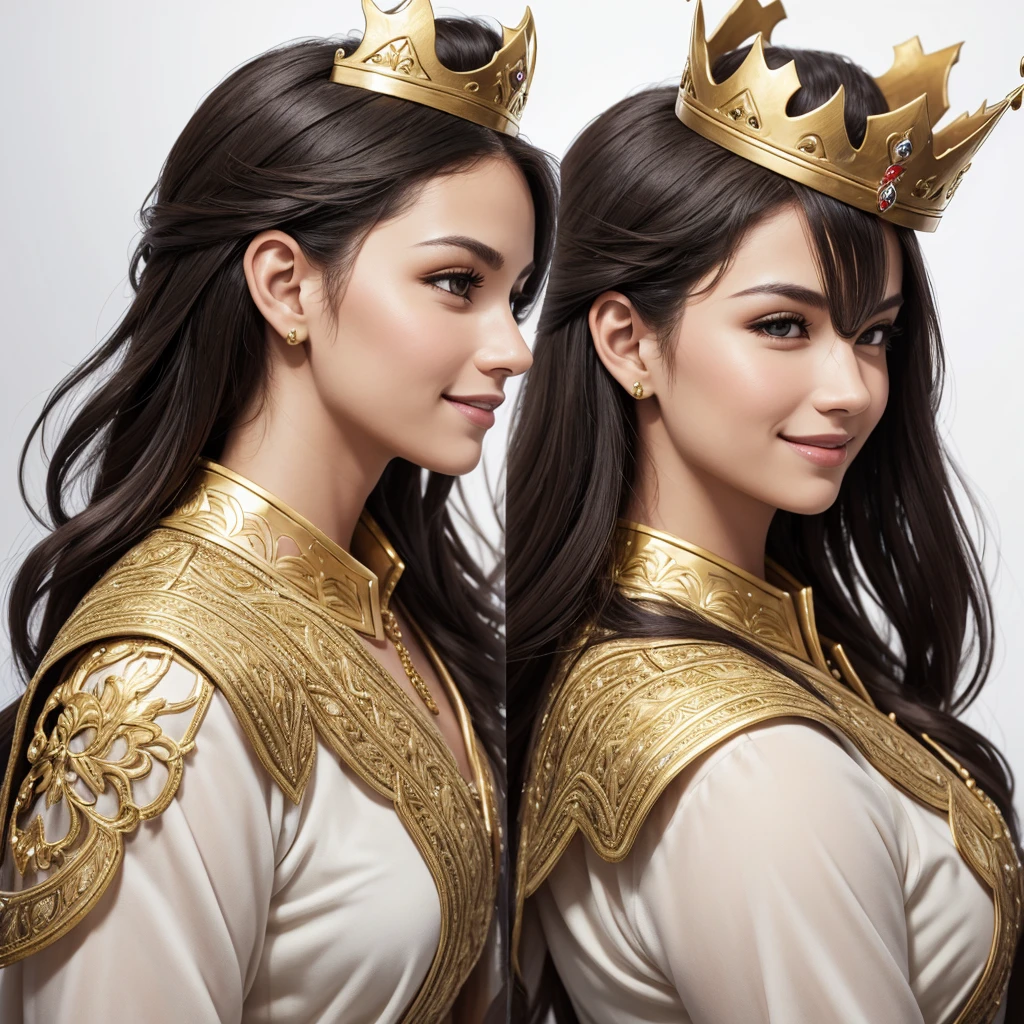 Side view portrait of assertive handsome young woman wearing a golden crown, profile face, being self-confident, smile on her face. Indoor studio shot isolated on white background.