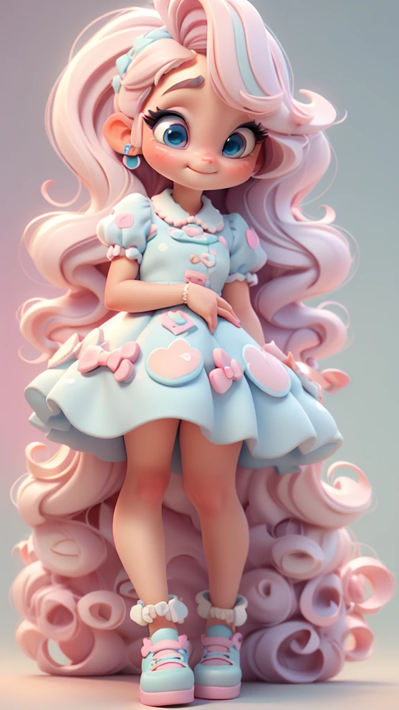 3d illustration, pixar style, cute chibi, baby girl ariana grande blonde hair, blue eyes, pink bow in hair, dress aqua ciano with white dots, bright eyes, candy colors, pastel colors, smiling, glitter, light pink shoes, exuberant