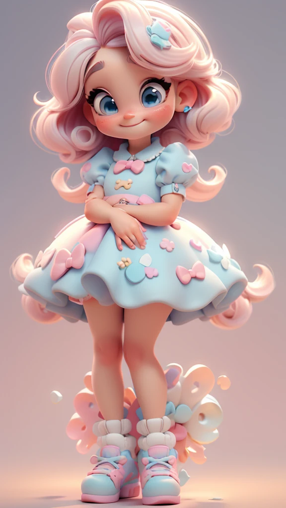 3d illustration, pixar style, cute chibi, baby girl ariana grande blonde hair, blue eyes, pink bow in hair, dress aqua ciano with white dots, bright eyes, candy colors, pastel colors, smiling, glitter, light pink shoes, exuberant