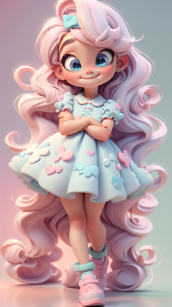 3d illustration, pixar style, cute chibi, baby girl ariana grande blonde hair, blue eyes, pink bow in hair, dress aqua ciano with white dots, bright eyes, candy colors, pastel colors, smiling, glitter, light pink shoes, exuberant
