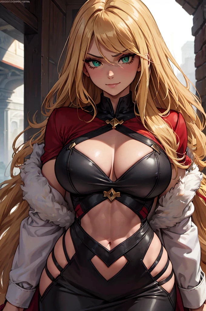 ((masterpiece)), ((best quality)), 1girl, adult, long hair, ((blonde hair)), very long blonde hair, ((intimidant look)), ((close-up)), profile image, green eyes, black and red clothes, sexy, dark colors, brillant eyes, ((coat with fur)), ((wavy hair)), exposed skin, ((sexy pose)), ((intimidant look)), good anatomy, ((dark sage clothes)), ((straight cut bangs)), emotionless, intimidant, ((beautiful eyes)), close up, ((detailed eyes)), beautiful eyes, ((detailed face)), hair bang, frontal look, evil, abs, relaxed, smile, magical goddess othinus, detailed face, eyepatch, full body, ((detailed))