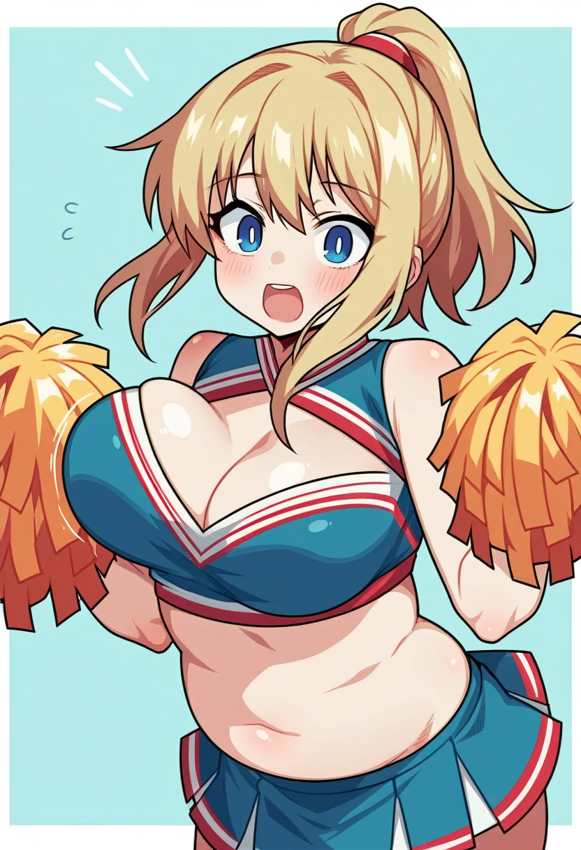 score_9, score_8_up, score_7_up, source_anime, BREAK, (((yew))), , 1girl, solo, (chubby), cheerleader, cheerleading uniform, large breasts, cleavage, thicc, blonde hair, cute expression, blue eyes, bouncing breasts, ponytail