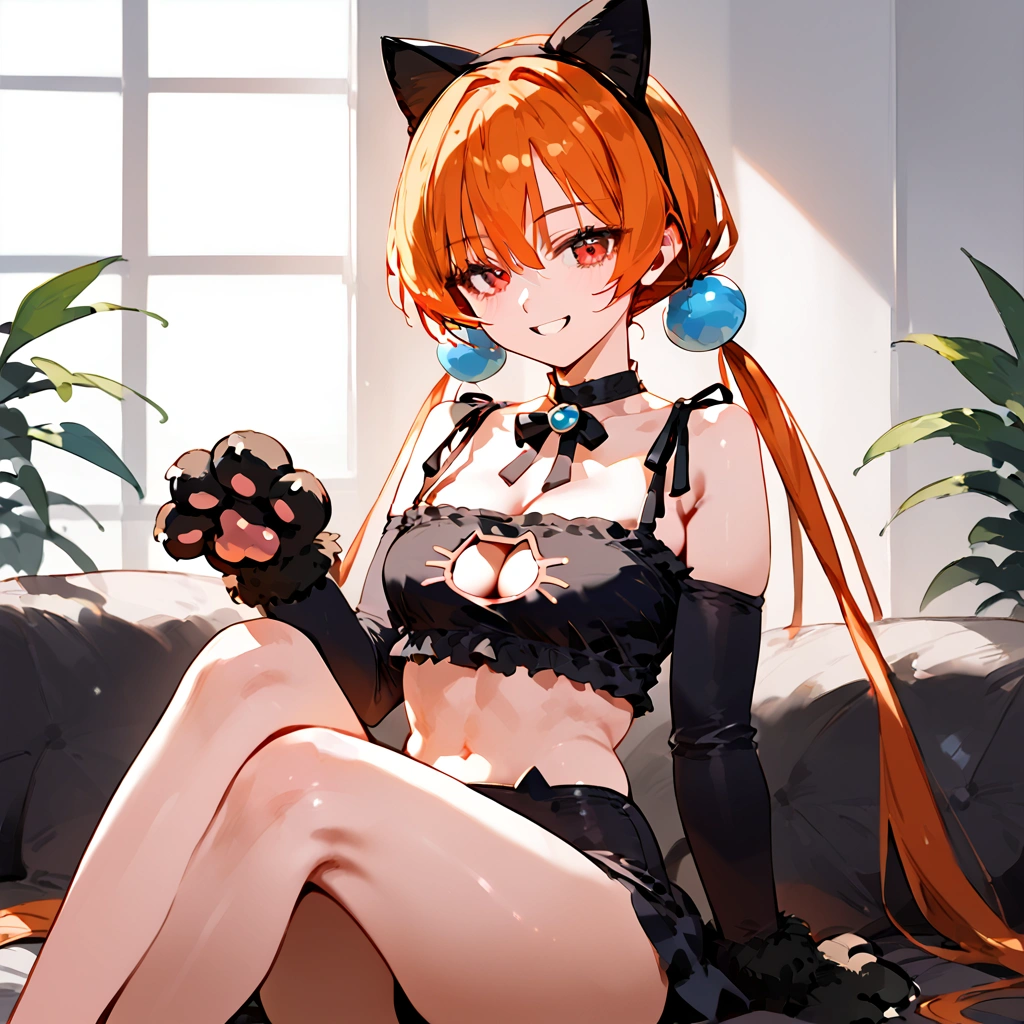 anime artwork, score_9, score_8_up, score_7_up, score_6_up, score_5_up, score_4_up,alisasr, 1girl, orange hair, red eyes, fake black cat ears, hairband, long hair, very long hair, twintails, hair ornament, hair bobbles, low twintails,, \\\\\\ style_3, floox style \\\\\ , cat lingerie, paws gloves, cat tail, lap pillow, evil smile, sit on sofa