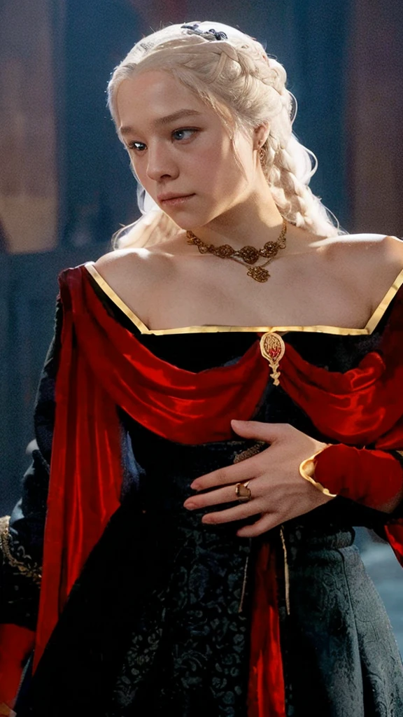 Girl with white wavy hair,side braids,beautiful necklace, Targaryen women hairstyle,beautiful gold tiara, red and black dress