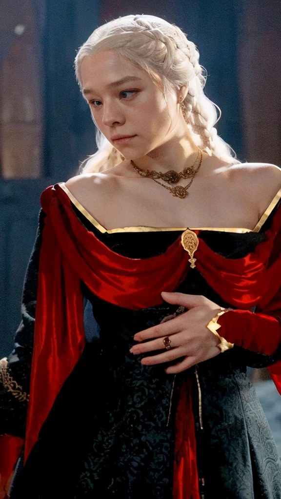 Girl with white wavy hair,side braids,beautiful necklace, Targaryen women hairstyle,beautiful gold tiara, red and black dress