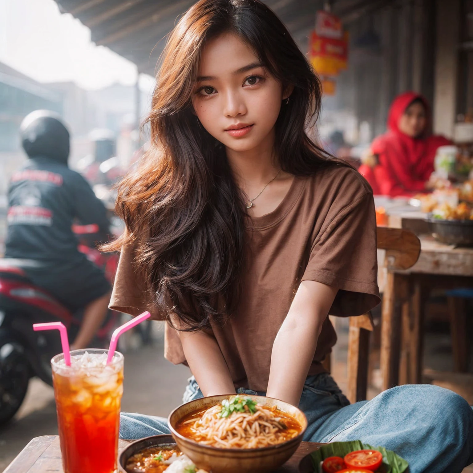 A beautiful young Indonesian girl, sitting at a street food stall in Surabaya city, Indonesia. On the table, there is already nasi rames (mixed rice dish) and iced tea. She is wearing an oversized t-shirt, realistic, UHD, 8K.
