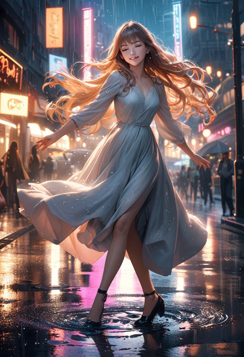 hyperrealistic, detailed, cinematic, 8k resolution illustration of a young, beautiful woman with flowing hair dancing in a rainy city street. She is wearing an elegant dress, smiling with her eyes closed, and her arms are outstretched, She is carefree, and the neon lights reflect in puddles on the wet pavement, blurred, dramatic, with warm light from street lamps illuminating the raindrops,