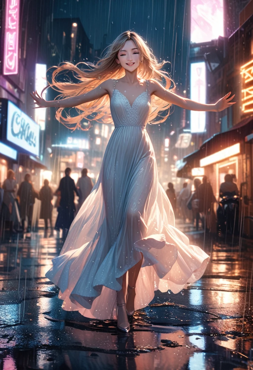hyperrealistic, detailed, cinematic, 8k resolution illustration of a young, beautiful woman with flowing hair dancing in a rainy city street. She is wearing an elegant dress, smiling with her eyes closed, and her arms are outstretched, She is carefree, and the neon lights reflect in puddles on the wet pavement, blurred, dramatic, with warm light from street lamps illuminating the raindrops,