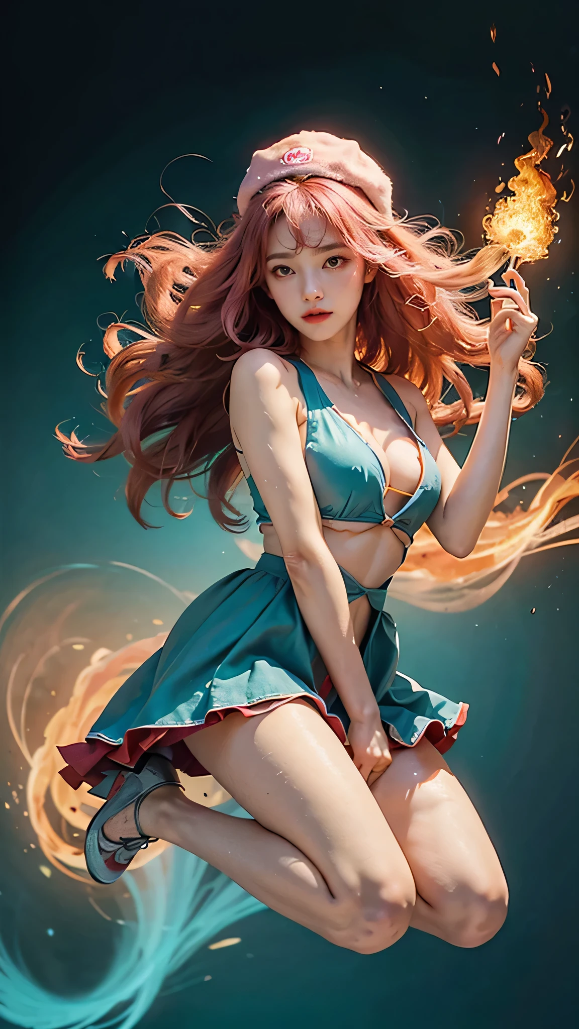 ((masterpiece,best quality)),(negative space:1.4),(1girl, solo:1.4),beautiful detailed eyes,floating pink hair, red hat, fireball, casting a fire spell, orange and red fractals background, looking to the side, teal eyes, fullbody, jumping