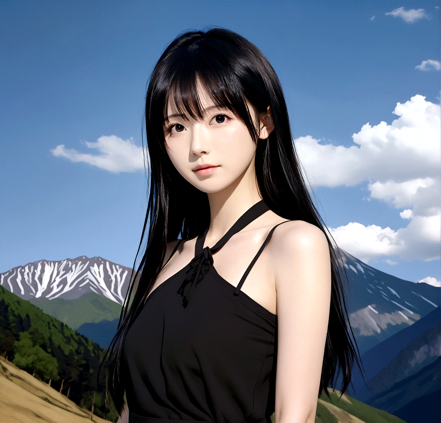 1girl, solo, long hair, looking at viewer, bangs, black hair, dress, bare shoulders, closed mouth, collarbone, upper body, outdoors, sky, sleeveless, day, cloud, black eyes, black dress, blue sky, mountain, akiyama mio