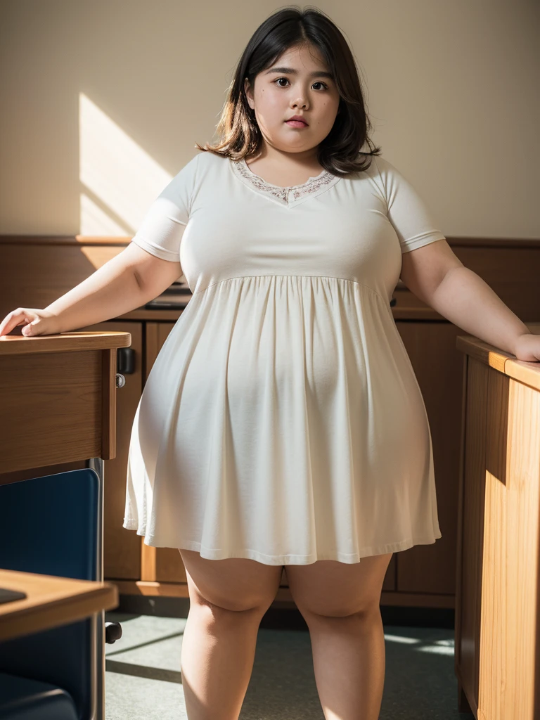 a  obese girl, chubby cheeks, round face, double chin, thick arms and legs, wearing a , standing in a school setting, realistic, detailed, highly detailed, intricate details, photorealistic, 8k, masterpiece, cinematic lighting, dramatic shadows, vibrant colors