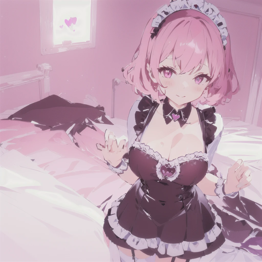 ((masterpiece)), ((best quality:1.2)), ((highly detailed)), (original), ((delicate background)), ((extremely detailed 8K wallpaper)), sweet, depth of field, fantasy, 
BREAK 
((1girl)), solo, cute girl, anime waifu girl, 20 years old, shiny skin, 
BREAK 
maid, ((classic maid dress)), ((wearing edgcatlingerie)), cat cutout, cleavage cutout, lots of frills, ((huge breasts)), 
BREAK 
curly hair, faint pink hair, short hair, 
BREAK 
((heart-shaped eyes)), pink eyes, tongue out, blush, sweating, 
BREAK 
full body shot, ((on the bed)), looking at the viewer, 