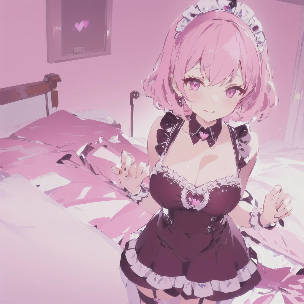 ((masterpiece)), ((best quality:1.2)), ((highly detailed)), (original), ((delicate background)), ((extremely detailed 8K wallpaper)), sweet, depth of field, fantasy,
BREAK
((1girl)), solo, cute girl, anime waifu girl, 20 years old, shiny skin,
BREAK
maid, ((classic maid dress)), ((wearing edgcatlingerie)), cat cutout, cleavage cutout, lots of frills, ((huge breasts)),
BREAK
curly hair, faint pink hair, short hair,
BREAK
((heart-shaped eyes)), pink eyes, tongue out, blush, sweating,
BREAK
full body shot, ((on the bed)), looking at the viewer,