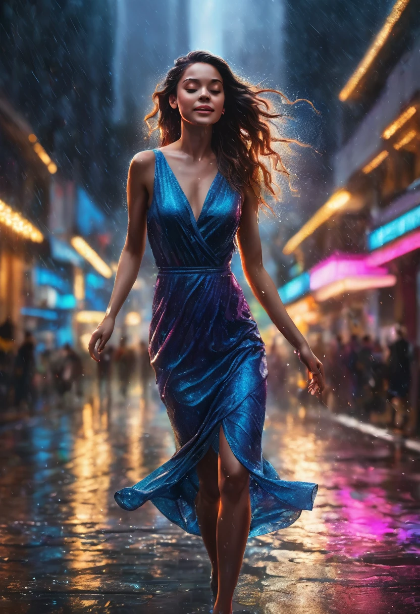 hyperrealistic, detailed, cinematic, 8k resolution illustration of a young, beautiful woman with flowing hair dancing in a rainy city street. She is wearing an elegant dress, smiling with her eyes closed, and her arms are outstretched,  She is carefree, and the neon lights reflect in puddles on the wet pavement, blurred, dramatic, with warm light from street lamps illuminating the raindrops,