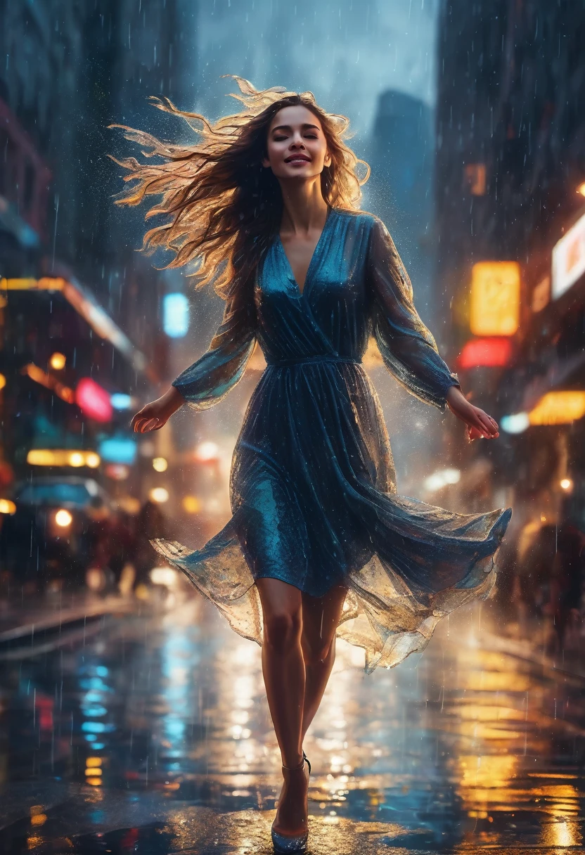 hyperrealistic, detailed, cinematic, 8k resolution illustration of a young, beautiful woman with flowing hair dancing in a rainy city street. She is wearing an elegant dress, smiling with her eyes closed, and her arms are outstretched, She is carefree, and the neon lights reflect in puddles on the wet pavement, blurred, dramatic, with warm light from street lamps illuminating the raindrops,