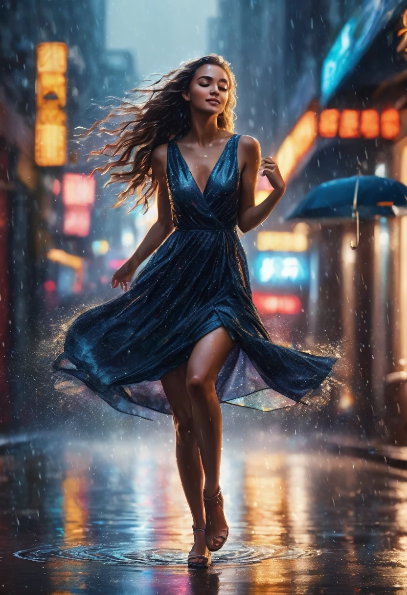 hyperrealistic, detailed, cinematic, 8k resolution illustration of a young, beautiful woman with flowing hair dancing in a rainy city street. She is wearing an elegant dress, smiling with her eyes closed, and her arms are outstretched, She is carefree, and the neon lights reflect in puddles on the wet pavement, blurred, dramatic, with warm light from street lamps illuminating the raindrops,