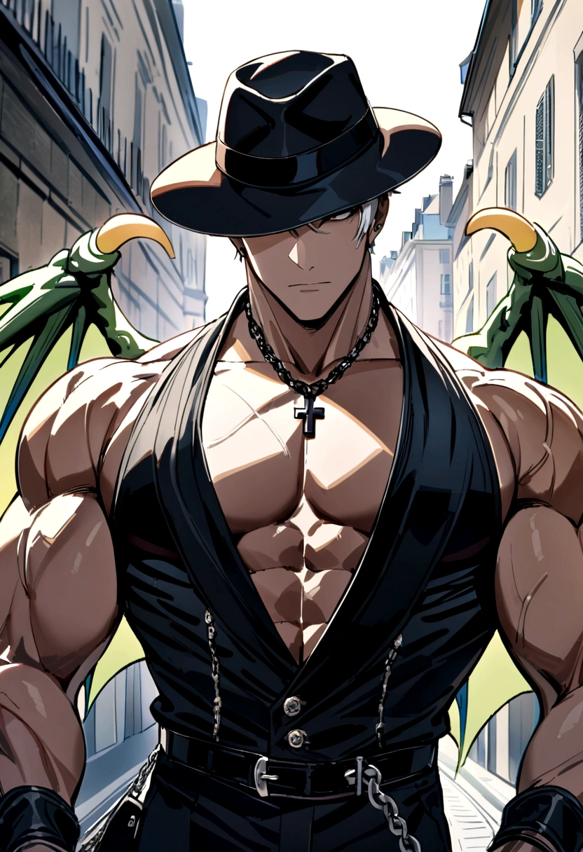 homen,Strong muscles, short white hair, best quality,open chest vest, blue and black clothes, Dragon Wings, black cloth on face, black cross chain around neck, black fedora hat with blue horns on the hat, in paris