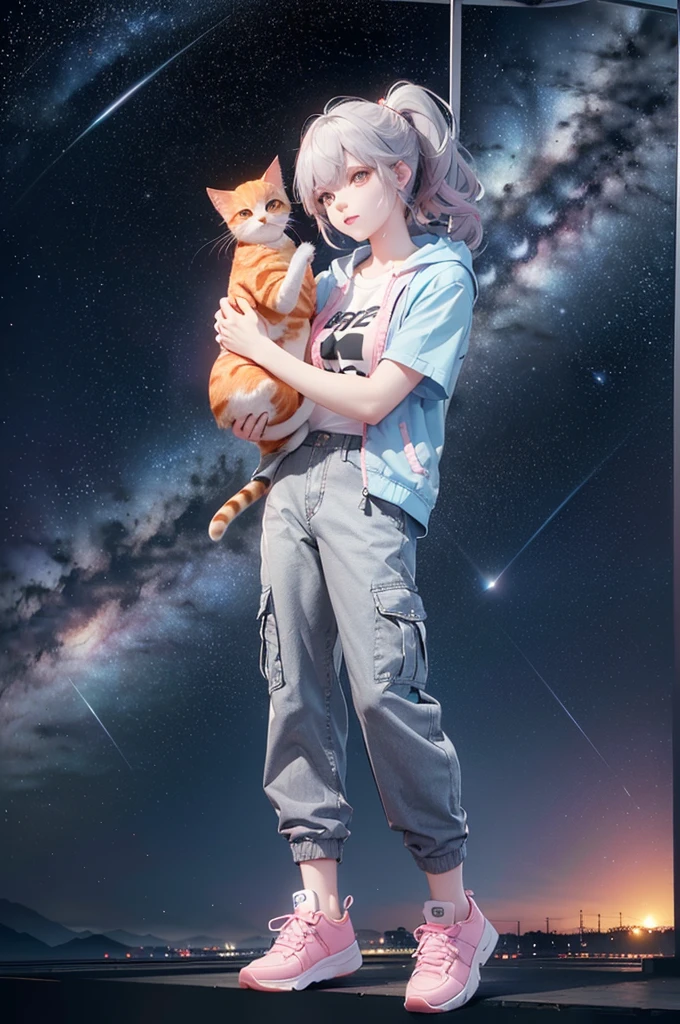 (((Holding a cute orange bantam cat in both hands)))，((Highest quality，masterpiece，Full frontal view of a super mature and tall beauty，Air bangs，Blue gray high ponytail super long straight hair，Slightly curly hair on double sideburns，Hair ends curled in，Gray and pink short T-shirt，Light blue denim gray hooded jacket，Black and gray long and wide cargo pants，Pink and white sneakers，(((Look at the camera head-on)))，starry sky galaxy background