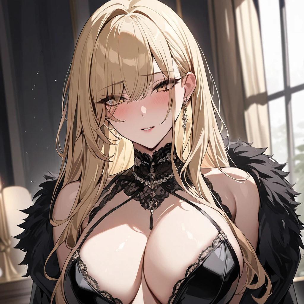 ((Highest quality)), ((masterpiece)), (detailed), （Perfect Face）、The woman is a thief with medium-long blonde hair, wearing a luxurious black ladies&#39; skirt suit and a luxurious white blouse.