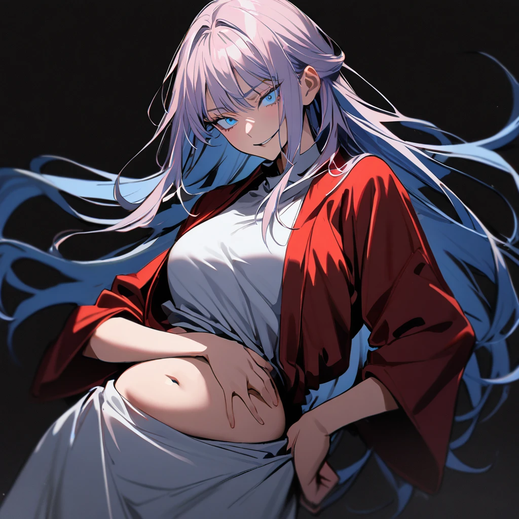 1 girl in jujutsu kaisen style, long hair, light pink hair,blue hair tips, light blue eyes (detailded), Grinning,SHORT WHITE BLOUSE,(belly showing), red jacket, hand on the waist, tilted face, black backdrop