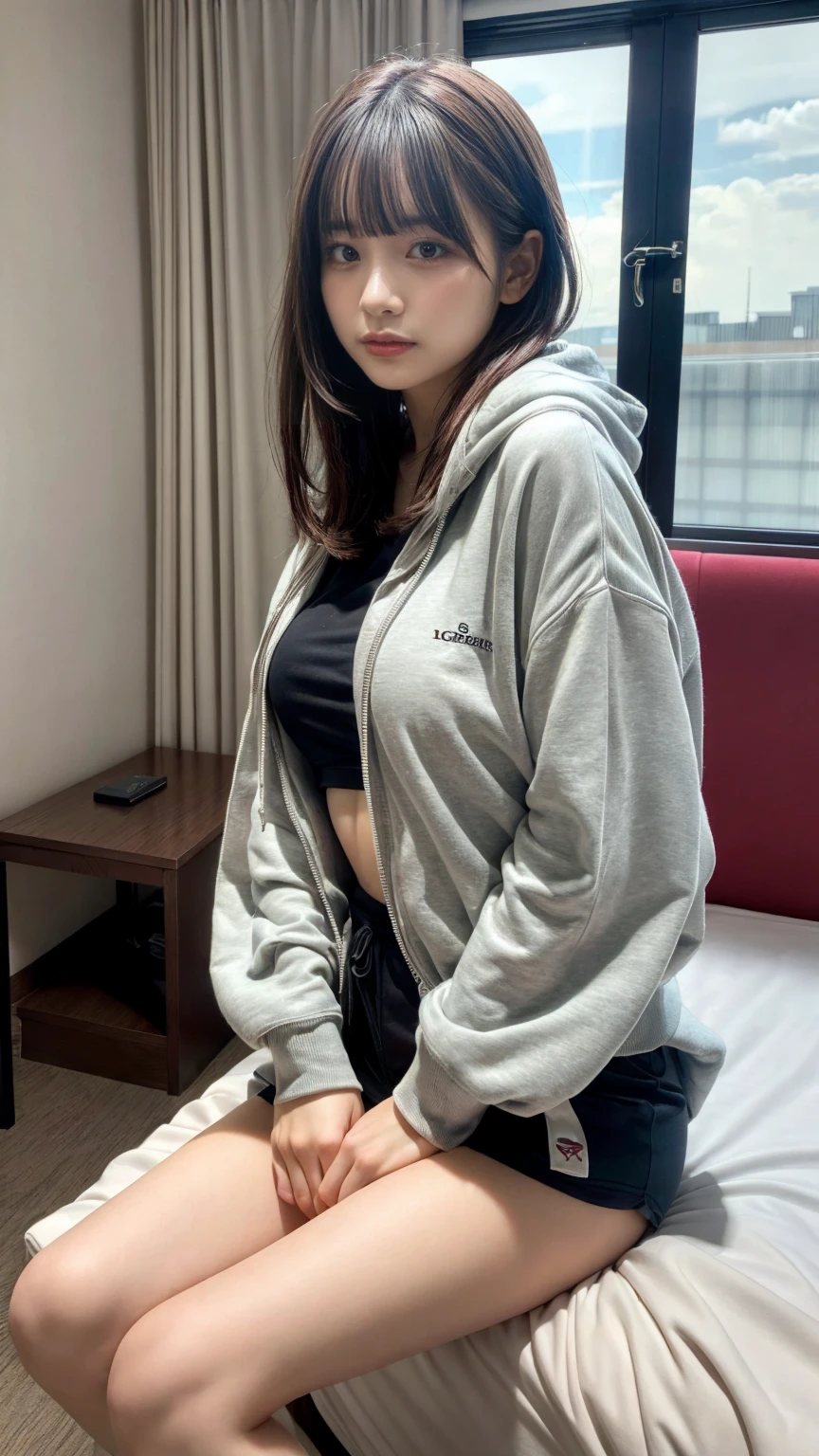 masterpiece, best quality, illustration, Super detailed, fine details, High resolution, 8K,wall paper, perfect dynamic composition,(Details High quality, realistic depiction of eyes:1.3),  Oversized Light Grey Hoodie, Erotic Shorts, sitting, open legs, short bob hair, in a hotel room in the background, deep on field, large breasts, black hair color, Big Natural Color Lip, (perfect body shape), crying a little、Harajuku style、20 year old girl、cute type、beautiful legs, Gravure Idol