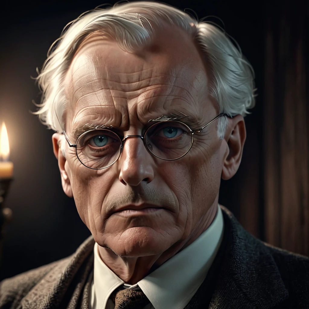A portrait of Carl Gustav Jung, the renowned Swiss psychologist, facing the camera directly with a thoughtful, penetrating gaze, 1 man, extremely detailed face, high resolution, cinematic lighting, dramatic shadows, sophisticated, intellectual, psychology, philosophy, depth of character, moody atmosphere