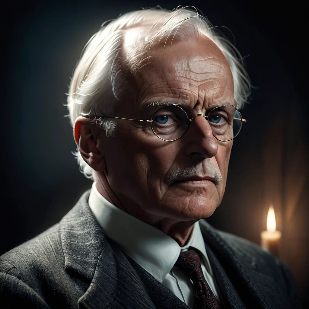 A portrait of Carl Gustav Jung, the renowned Swiss psychologist, facing the camera directly with a thoughtful, penetrating gaze, 1 man, extremely detailed face, high resolution, cinematic lighting, dramatic shadows, sophisticated, intellectual, psychology, philosophy, depth of character, moody atmosphere