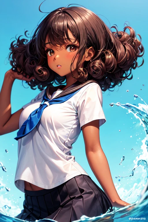 30 year old brunette girl with dark skin , brown eyes and curly hair, with school clothes, with blue background with hydrokinesis powers