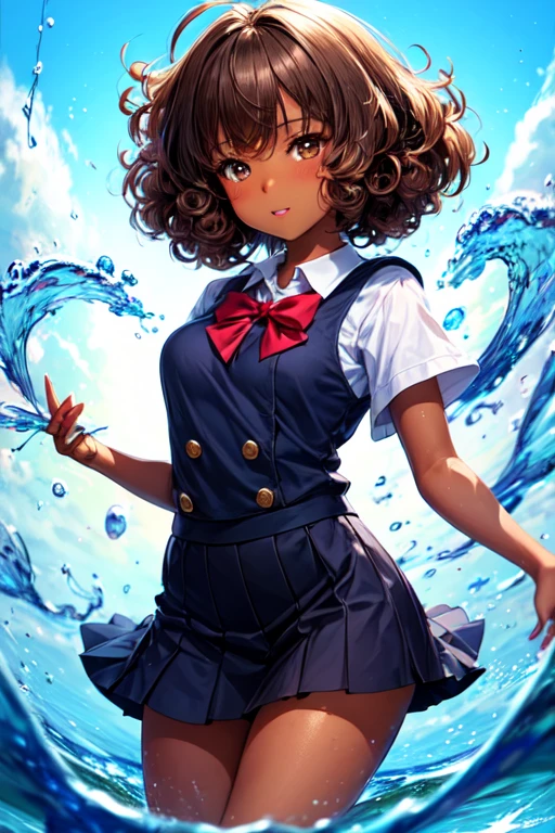 30 year old brunette girl with dark skin , brown eyes and curly hair, with school clothes, with blue background with hydrokinesis powers