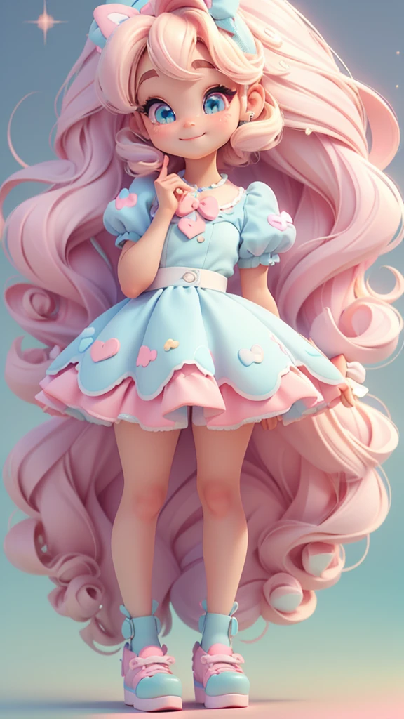 3d illustration, pixar style, cute chibi, baby girl ariana grande blonde hair, blue eyes, pink bow in hair, dress aqua ciano with white dots, bright eyes, candy colors, pastel colors, smiling, glitter, light pink shoes, exuberant