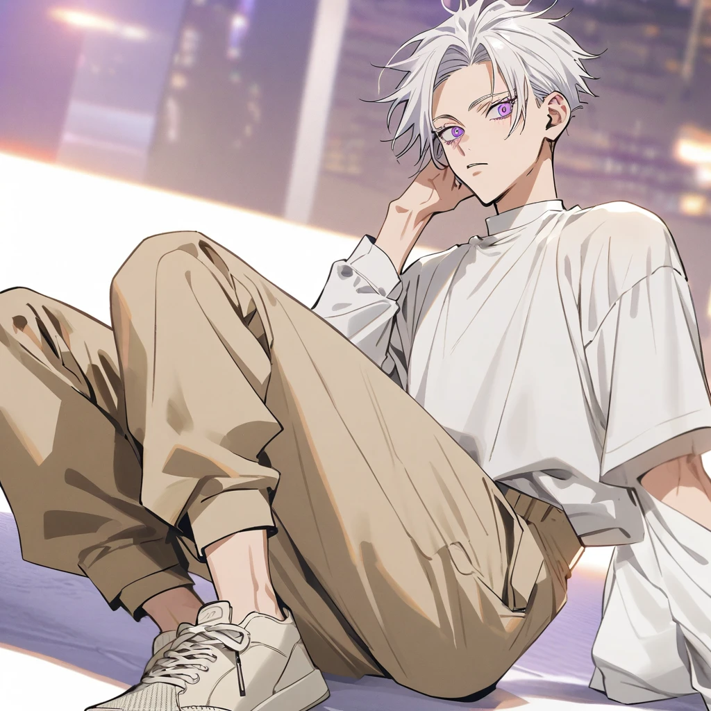 A jujutsu kaisen style boy with white hair , purples eyes, wearing a basic white blouse, and beige cargo pants under the blouse, and a white sneaker 