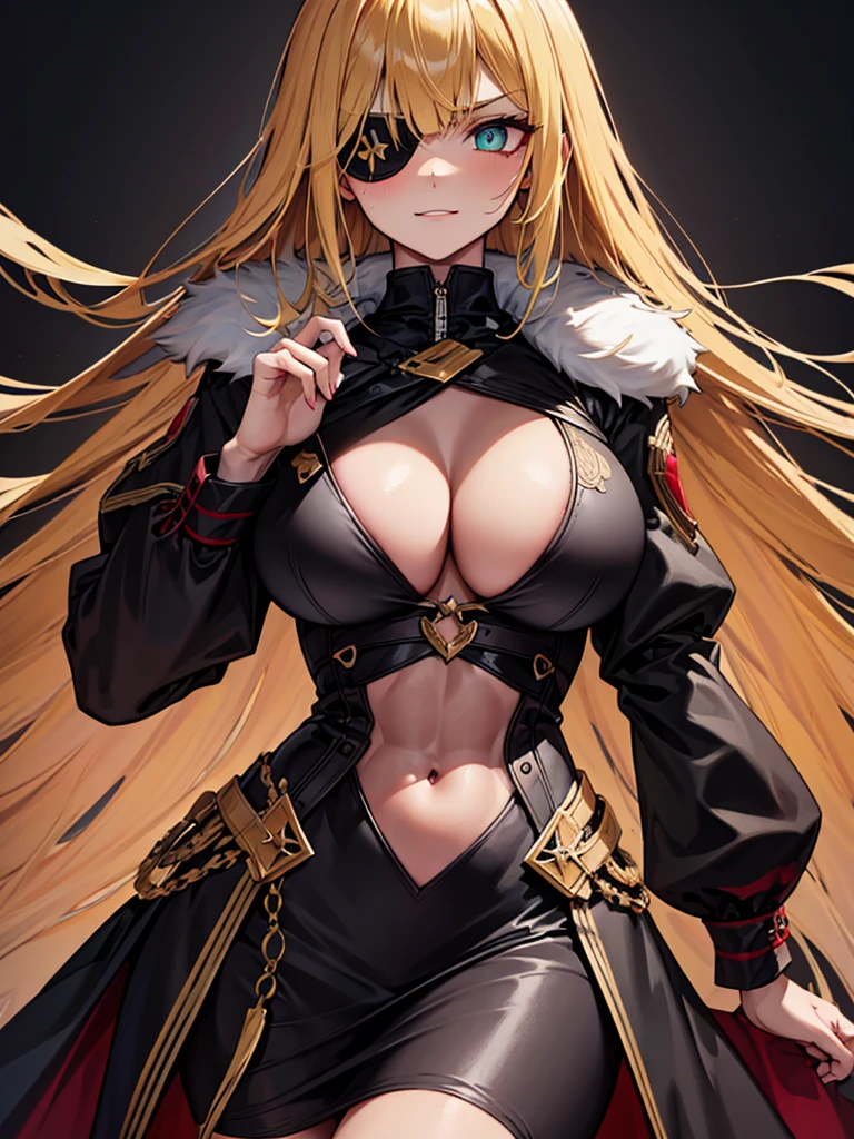 ((masterpiece)), ((best quality)), 1girl, adult, long hair, big bust, ((blonde hair)), very long blonde hair, ((intimidant look)), ((close-up)), profile image, green eyes, black and red clothes, sexy, dark colors, brillant eyes, ((coat with fur)), ((wavy hair)), exposed skin, ((sexy pose)), ((intimidant look)), good anatomy, ((dark sage clothes)), ((straight cut bangs)), emotionless, intimidant, ((beautiful eyes)), dark background, close up, ((detailed eyes)), beautiful eyes, ((detailed face)), hair bang, frontal look, evil, relaxed, smile, magical goddess othinus, abs, detailed face, eyepatch, huge tits, full body, ((detailed))