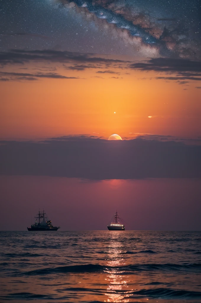 Sure, here's a description in English for your image:
---
It's evening time by the sea. The horizon is adorned with crimson clouds, softly illuminated by the setting sun. Above, against the twilight sky, Saturn shines brightly, its distinct rings and features clearly visible. Beyond Saturn, faint details of the Milky Way galaxy emerge, blending with the deepening hues of the night. On the distant horizon, a ship sails towards Saturn, its silhouette gracefully cutting through the calm waters.
Saturn planet wisible asswell