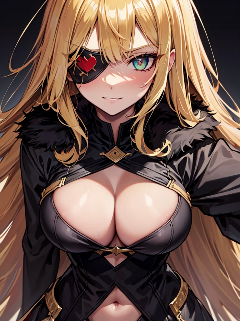 ((masterpiece)), ((best quality)), 1girl, adult, long hair, big bust, ((blonde hair)), very long blonde hair, ((intimidant look)), ((close-up)), profile image, green eyes, black and red clothes, sexy, dark colors, brillant eyes, ((coat with fur)), ((wavy hair)), exposed skin, ((sexy pose)), ((intimidant look)), good anatomy, ((dark sage clothes)), ((straight cut bangs)), emotionless, intimidant, ((beautiful eyes)), dark background, close up, ((detailed eyes)), beautiful eyes, ((detailed face)), hair bang, frontal look, evil, relaxed, smile, magical goddess othinus, abs, detailed face, eyepatch, huge tits, full body, ((detailed))