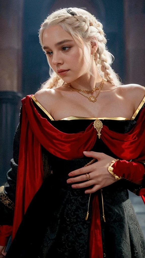 Girl with white wavy hair,side braids,beautiful necklace, Targaryen women hairstyle,beautiful gold tiara, red and black dress